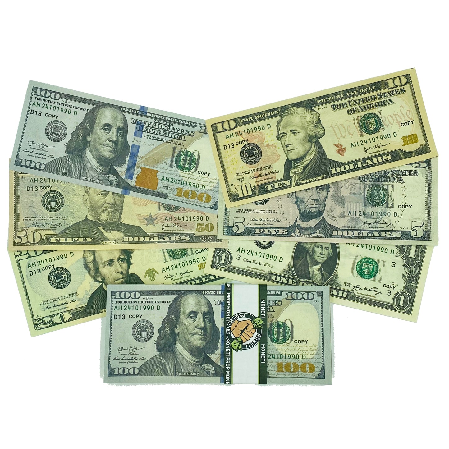 300 Pcs 6 Type Mix Prop Money-Double Sided Full Print Play Game Dollar