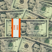 Load image into Gallery viewer, prop money 5 dollars bills realistic
