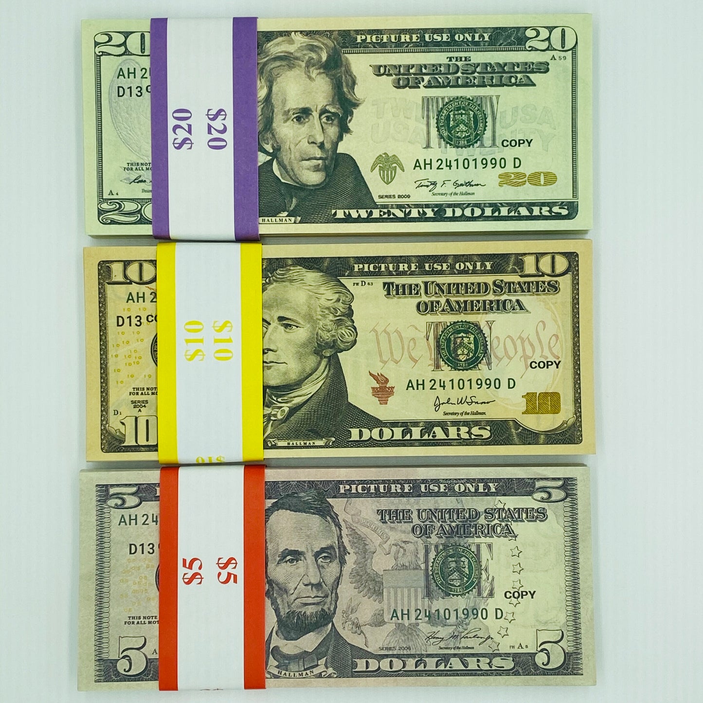 3 Type Mix Prop Money-Double Sided Full Print Fake 200 Pcs $20,$10,$5