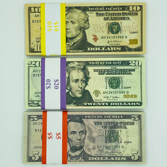 3 Type Mix Prop Money-Double Sided Full Print Fake 300 Pcs $20,$10,$5