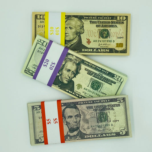 3 Type Mix Prop Money-Double Sided Full Print Fake 400 Pcs $20,$10,$5