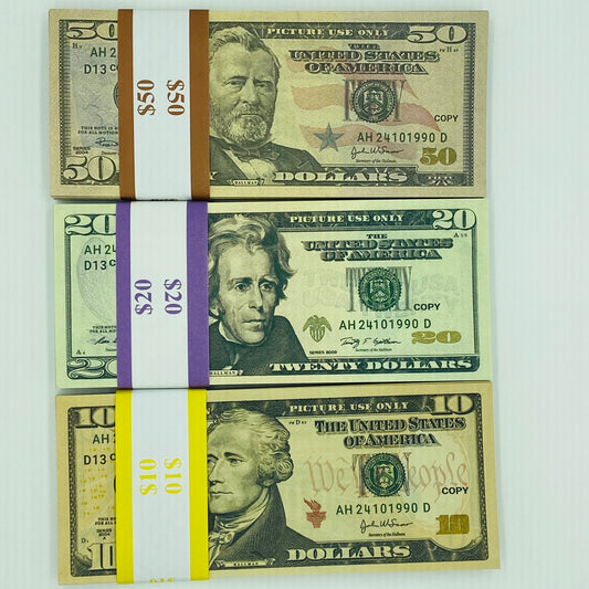 Mix 3 Type 200 Pcs Prop Money-Double Sided Full Print Play Dollar $50,$20,$10