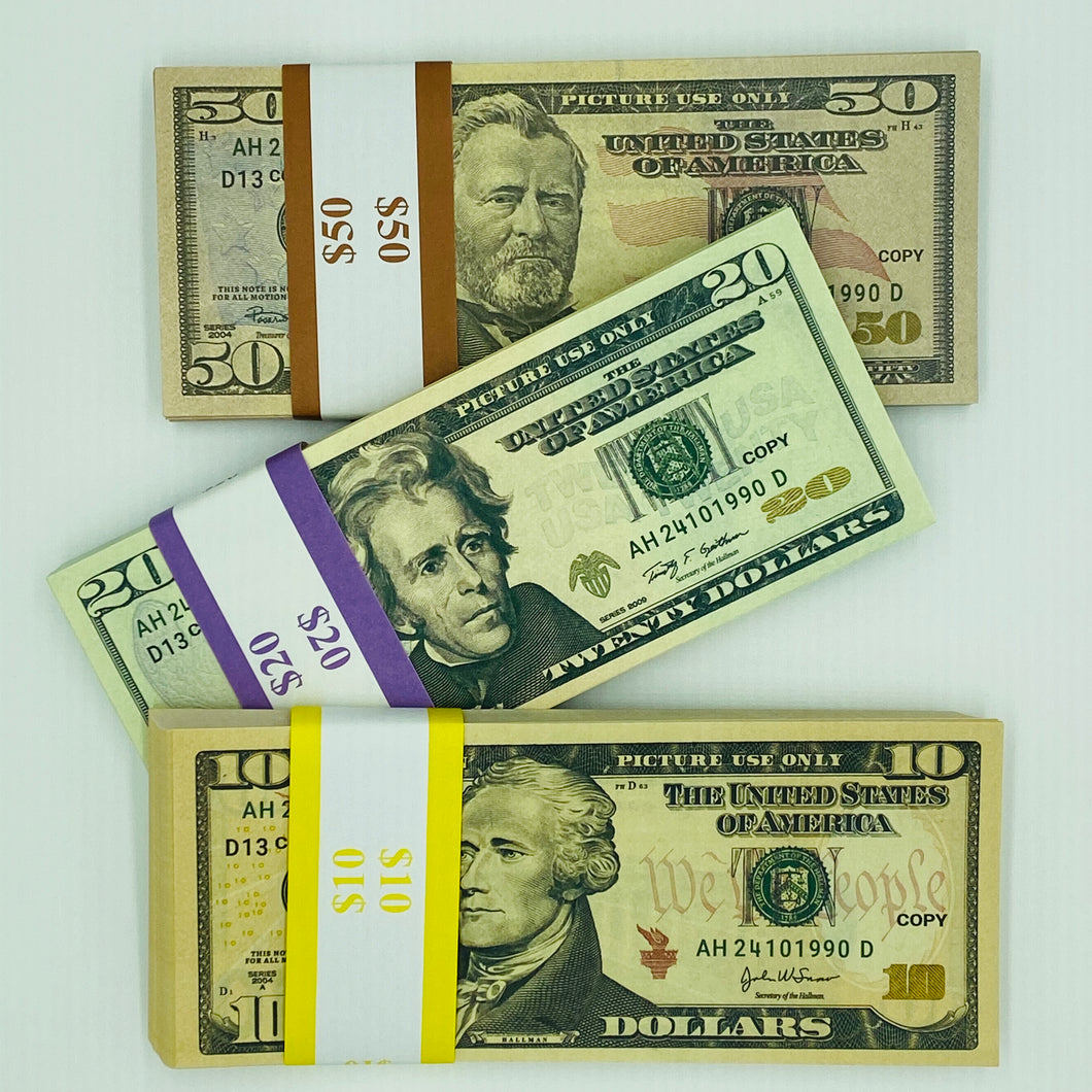 Mix 3 Type 300 Pcs Prop Money-Double Sided Full Print Play Dollar $50,$20,$10