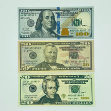 Load image into Gallery viewer, 100 Pcs Mix Prop Money Double Sided Full Print  Dollar Play Game Stack $100,$50,$20
