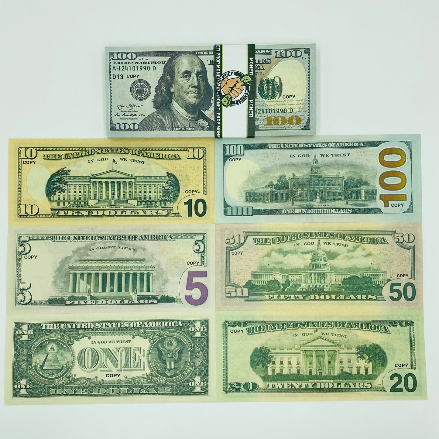 300 Pcs 6 Type Mix Prop Money-Double Sided Full Print Play Game Dollar