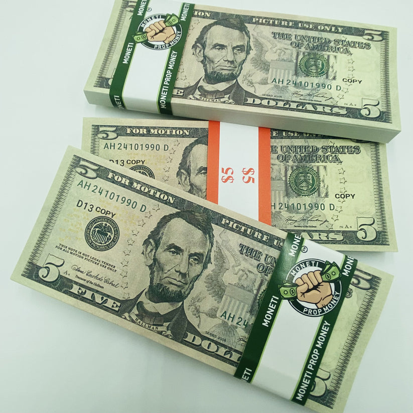 100 Pcs $5 Prop Movie Money-Double Sided Looks Real Full Printed Stack ...